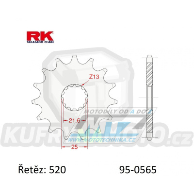 Kolečko řetězové (pastorek) 0565-14zubů RK - Yamaha YZ250+YZF450+YZF400+YZF426 + WRF400+WRF426+WRF450 + TDR250+TRZ250+TT500+XT500 + MT03-YZF-R3+YZF-R25 + YFZ450+YFM660R Raptor + Kawasaki ER6F+ER6N+W800+Z650 + KLE650 Versys+EX650 Ninja + Suzuki SV650