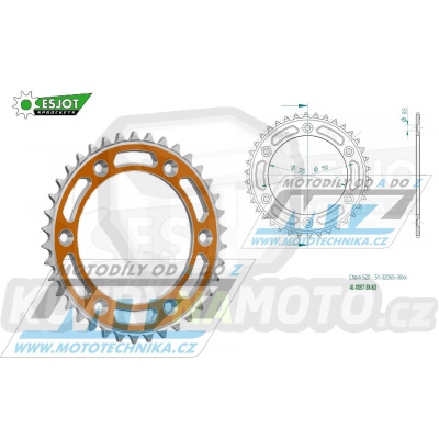 Rozeta řetězová (převodník) Dural 0897-38zubů ESJOT 51-32065-38SO - barva oranžová - KTM 125SX+250SXF+ 360EXC+400EXCF+300XC+450XCF+440MX+790 Adventure+620 EGS+690 Duke+125LC2+ 350LC4+525SMR+690SMC + Husaberg TE250+FC350+FE450+FS450+FX450 + Husqvarna