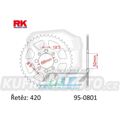 Rozeta ocelová (převodník) 0801-38zubů RK - Suzuki A50+AP50 + DR50+DRZ110 + RM50+RV50+TS50 + FR50+FR70+ALT50+LT50 + Kawasaki AE50+AR50+AE80+AR80 + KLX110 + Z125 Pro + pitbike + čínské čtyřkolky