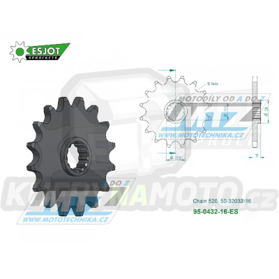 Kolečko řetězové (pastorek) 0432-16zubů ESJOT 50-32032-16 - Suzuki RM250+RMX250 + DRZ400+DRZ400SM + DR250+DR350+DR200+DRZ250 + TS250+SP200+RGV250 + LT250R Quadracer + Kawasaki KLX400 + Beta 350 Jonathan+400 Alp + AJP PR5+SPR250