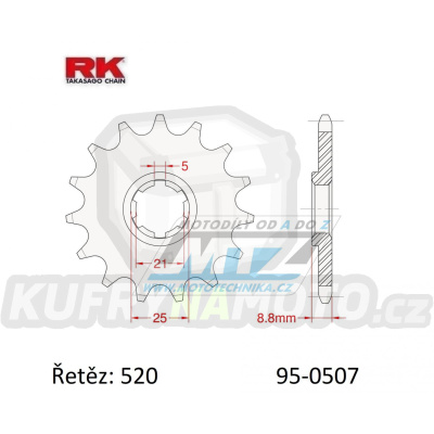 Kolečko řetězové (pastorek) 0507-15zubů RK - Kawasaki KX250+KX420+KX500 + Kawasaki KDX250+KDX400+KDX450+KE250 + KLT200+KXT250 Tecate + Husqvarna CR250+CR360 + WR250+WR360 + Cagiva WMX250