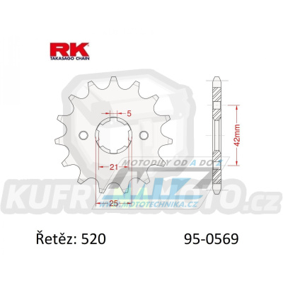 Kolečko řetězové (pastorek) 0569-14zubů RK - Yamaha YZ250+YZ465+YZ490 + WR250+XT250+DT250+DT400 + SR250+RZ250+RZ350 + TY250+TY300+TY350 + RD350YPVS+YFM350 Warrior+Raptor+Banshee + Kawasaki KX250+KX500 + KLX250+KLX300+KDX200+KDX220+KDX250 + Yuki 250