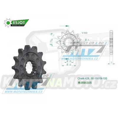 Kolečko řetězové (pastorek) 0558-13zubů ESJOT 50-15019-13S - Yamaha YZ85 + DT125R+DT125RE+DT125X+DT200R + TZR80+TZR125+TDR125 + XVS125 Drag Star+XVS250 Drag Star + Derbi GPR125 + Kawasaki BX125 Ninja+Z125