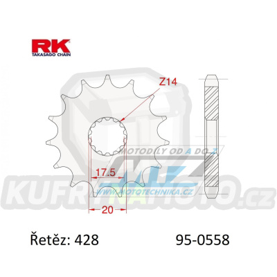 Kolečko řetězové (pastorek) 0558-14zubů RK - Yamaha YZ85 + DT125R+DT125RE+DT125X+DT200R + TZR80+TZR125+TDR125 + XVS125 Drag Star+XVS250 Drag Star + Derbi GPR125 + Kawasaki BX125 Ninja+Z125