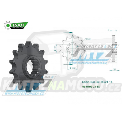 Kolečko řetězové (pastorek) 0409-14zubů ESJOT 50-15021-14 - Kawasaki KLX125A + KLX125L + Suzuki DRZ125 + DRZ125L + DR125S Raider + DR125 + DR125SE