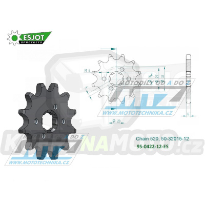 Kolečko řetězové (pastorek) 0422-12zubů ESJOT 50-32015-12 - Cagiva 125 Enduro + 125WMX + Kawasaki KX125 + KDX175 + Suzuki DS185 + TC125 + TSR125 + TF185 + TS185 + GT200EX + SB200 + Yamaha YZ100 + YZ125 + BW350 + IT175