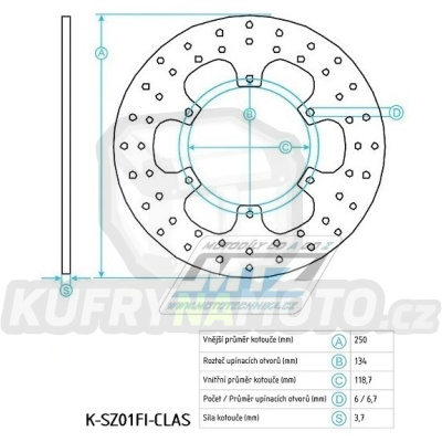 Kotouč brzdový (250/118/6D) - Suzuki RM125+RM250+RMX250 + DRZ400S+DRZ400E + Yamaha YZ125+YZ250 / 01-16+YZ250X+YZF250+YZF250X+YZF426+YZF450+YZF450X + WRF250+WR250+WRF426+WRF450