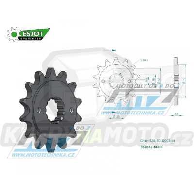 Kolečko řetězové (pastorek) 0512-14zubů ESJOT 50-32002-14 - Kawasaki BJ Estrella 250 + GPZ400 + ZX400 +  EN500 Vulcan + EN500 Vulcan 500 Ltd + GPZ500S + KLE500 +  ZR550 Zephyr + ER500 + Suzuki RG400EW + SV400 + Yamaha YZF600R