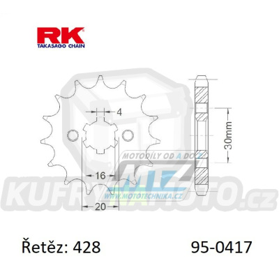 Kolečko řetězové (pastorek) 0417-16zubů RK - Kawasaki KMX125+KMX200 + KDX125SR + AR125LC+KE100A + BN125 Eliminator