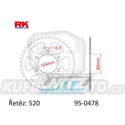 Rozeta ocelová (převodník) 0478-45zubů RK - Kawasaki ZX6R + ZX6RR + Z650 + Z750 + Z750R + ZXR400 + Z800 + EN650 Vulcan-S + EX650 Ninja 650ABS + EX650 Ninja 650SE + KLE650 Versys + KLE650 Versys ABS