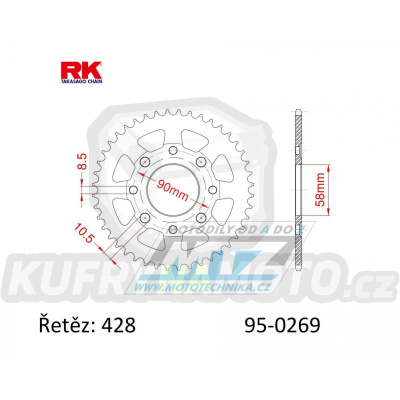 Rozeta ocelová (převodník) 0269-49zubů RK - Honda CG125+CB125+CB175+CBX125 + CM185+CM200+CT125+CT185+CT200+SL125 + XL100+XL125+XL185+XR185 + EZ90Cub + Kymco 125 Pulsar+Spike+Zing+Hipster+Stryker + Daelim VL125+VC125+VS125 + Brixton125 + Yuki 125