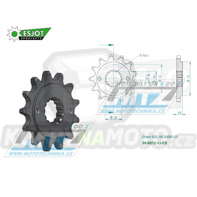 Kolečko řetězové (pastorek) 0512-13zubů ESJOT 50-32002-13 - Kawasaki BJ Estrella 250 + GPZ400 + ZX400 +  EN500 Vulcan + EN500 Vulcan 500 Ltd + GPZ500S + KLE500 +  ZR550 Zephyr + ER500 + Suzuki RG400EW + SV400 + Yamaha YZF600R