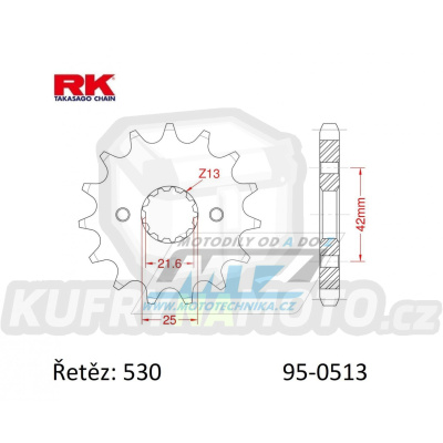 Kolečko řetězové (pastorek) 0513-16zubů RK - Suzuki GS400+GSX400 + GS550+GSF600+GS650+GSXR750+VZ800+RF900R+GSXR1100+GSF1200+GSXR1300R + Kawasaki Z250+GPZ500R+Z550+ZX600+Z650+Z750 + Yamaha RD350+SR500+FZR600 + Cagiva 1000 Raptor