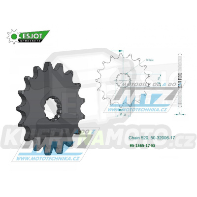 Kolečko řetězové (pastorek) 1565-17zubů ESJOT 50-32006-17 - Kawasaki KXF450+KX450 / 06-25 + KX450X + KLX450R