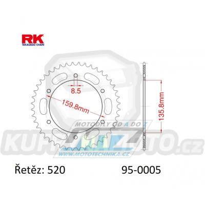 Rozeta ocelová (převodník) 0005-43zubů RK - Aprilia 650 Pegaso / 92-04 + Moto 6.5 + 350ETX+125ETX+125MX + BMW F650 / 94-07 + F650 Funduro / 96-00 + F650ST Strada / 98-00 + F650 Dakar + F650GS / 99-07 + G650GS+G310GS + Gilera + Beta Alp