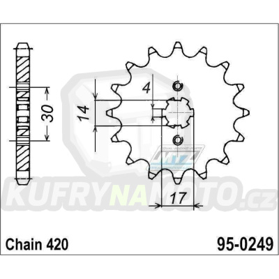 Kolečko řetězové (pastorek) 0249-15zubů MTZ - Kawasaki KLX110 + KLX110L + AE50 + AR50A1 + AE80 + MAX100 + Honda ST50 + 125 Supra-X + ANF125 Innova + C125 + Suzuki DRZ110 + Kymco 110 Visa-R + 125 Jetix