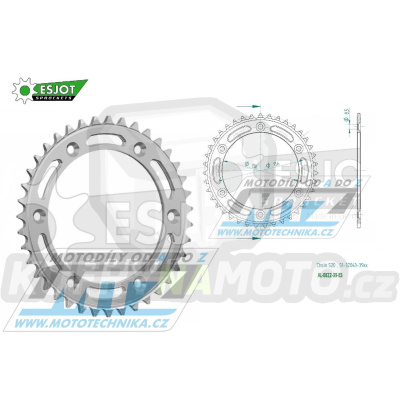 Rozeta řetězová (převodník) Dural 0822-39zubů ESJOT 51-32043-39 - barva stříbrná - Husqvarna CR+WR+TC+TE+WRE+TXC+SM+SMR + Suzuki DR350+DRZ400 + Cagiva WMX + Gas-Gas EC+ECF+XC+Ranger + Beta RR + Sherco SE+SEF + Rieju MR+XC+Ranger