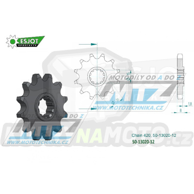 Kolečko řetězové (pastorek) 13020-12zubů ESJOT 50-13020-12 - Aprilia 50AF-1 Europa-Futura 420 / 92 + 50MX / 04-06 + 50RS Extrema 3V 420 / 92-94