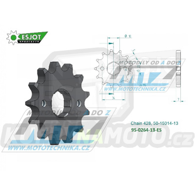 Kolečko řetězové (pastorek) 0264-13zubů ESJOT 50-15014-13 - Honda C90Z + CE90 + CBZ125 + EZ90 Cub + CB175K + XLR250R3 + XLR250 Baja + XLR250R + Kymco 125 Pulsar + 125 STR + Gilera 125 Cougar + Yamaha DT125Z + DT200R + Derbi 125 Senda