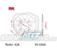 Rozeta ocelová (převodník) 0269-43zubů RK - Honda CG125+CB125+CB175+CBX125 + CM185+CM200+CT125+CT185+CT200+SL125 + XL100+XL125+XL185+XR185 + EZ90Cub + Kymco 125 Pulsar+Spike+Zing+Hipster+Stryker + Daelim VL125+VC125+VS125 + Brixton125 + Yuki 125