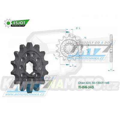 Kolečko řetězové (pastorek) 0546-14zubů ESJOT 50-13007-14S - Kawasaki KX60+KX65+KX80+KX85+KX100 + Suzuki RM60+RM65 + Yamaha TTR50+TTR90+TTR110 + DT50+DT80+DT100 + YZ60+PW80 + RD80+BW80+LB80 + YB100+MX100+RT100