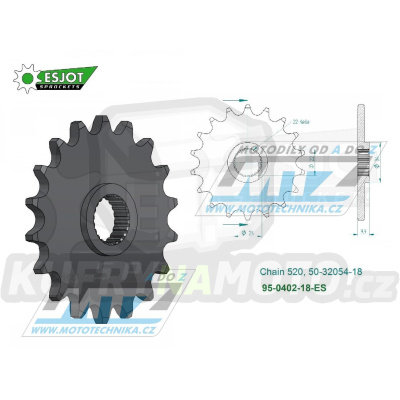 Kolečko řetězové (pastorek) 0402-18zubů ESJOT 50-32054-18 - BMW F650+F650 Dakar+Funduro + F650ST Strada + G650GS+650 Xchallenge+650 Xcountry+650 Xmoto + Aprilia 650 Pegaso+125 Tuareg+250 Tuareg+125ETX+350ETX + Husqvarna TR650 Terra+Strada + Bombardie