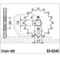 Kolečko řetězové (pastorek) 0249-14zubů MTZ - Kawasaki KLX110 + KLX110L + AE50 + AR50A1 + AE80 + MAX100 + Honda ST50 + 125 Supra-X + ANF125 Innova + C125 + Suzuki DRZ110 + Kymco 110 Visa-R + 125 Jetix