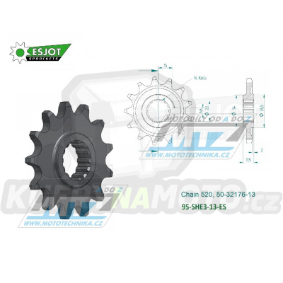 Kolečko řetězové (pastorek) 95-SHE3-13zubů ESJOT 50-32176-13 - Sherco SE250+SE300 / 14-20 + SE450F+SE500F / 04-22