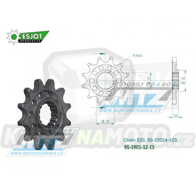 Kolečko řetězové (pastorek) 1901-12zubů ESJOT 50-32024-12S - KTM 125+150+200+250+300+360+380SX+EXC + 250+350+400+450+500+520+525+530SXF+EXCF + SMR+Freeride + Husaberg TE+FE + Husqvarna TC+TE+FC+FE + Gas-Gas MC+MCF+EC+ECF + Beta RR + Maico+Polaris