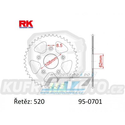 Rozeta ocelová (převodník) 0701-43zubů RK - Aprilia 125 AFI Extrema + 125RS Replica + 125RS Extrema + 125 Tuareg Wind AE + 125 Tuono + Cagiva 125 Mito Evolution + 125 Raptor + 125 Mito EV + 125 Super City + 125 Mito + 125 N1 + 600 River