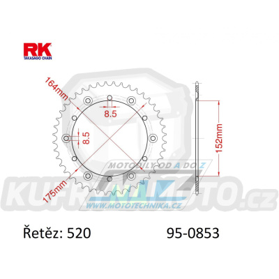 Rozeta ocelová (převodník) 0853-52zubů RK - Yamaha YZ100+YZ125+YZ250+YZ465+YZ490 +DT200R+DT250MX+DT400MX+IT175+IT200+IT250+IT400+IT465+IT490+TT350 +WR250+WR500+ Kreidler 170 Mustang Utility