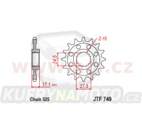 řetězové kolečko pro sekundární řetězy typu 525, JT (15 zubů)