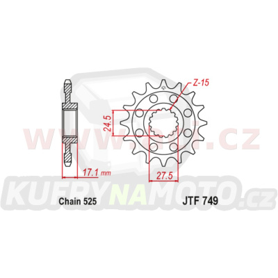 řetězové kolečko pro sekundární řetězy typu 525, JT (15 zubů)