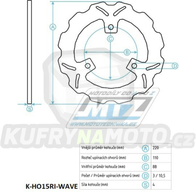 Kotouč brzdový (220/88/3D) - Honda VT25 / 88-90+CBR250 / 88-89+CBR400F / 84-87+CBR400R / 86-89+CBR500F / 87-90+CBR600F / 87-90+NS250+NSR250 / 86-97+NS400+NSR400+VFR400