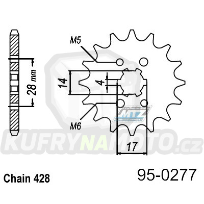Kolečko řetězové (pastorek) 0277-14zubů MTZ - Honda TRX90 Fourtrax + TRX90X + CRF125F + Derbi 125GPR + 125 Mulhacen + 125 Senda + 125 Terra