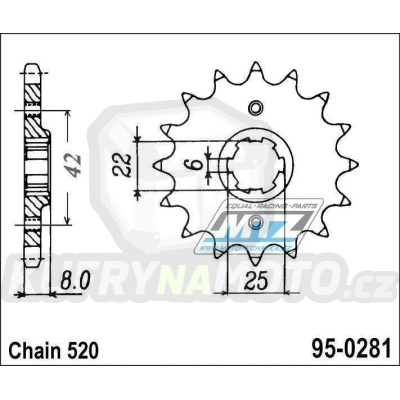 Kolečko řetězové (pastorek) 0281-15zubů MTZ - Honda XR250R+XR500R+XR600R + XR500S + XL400R+XL500R+XL600R + XL250R+XL400S+XL500S + XL600LM+XL600RM + CB250R+CL250+MVX250