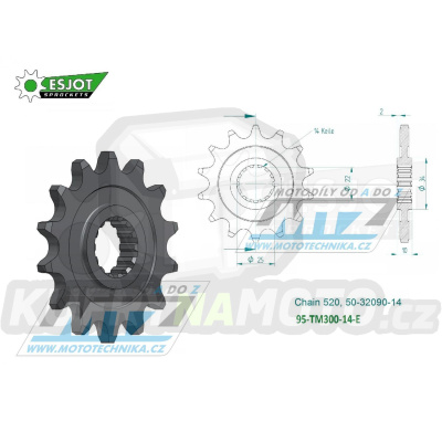 Kolečko řetězové (pastorek) TM300-14zubů ESJOT 50-32090-14 - TM MX300+EN250 + EN300 / 95-20 + MX250F+EN250F / 01-10 + MX400F+MX450F+MX530F+EN400F+ EN450F+EN530F / 01-20