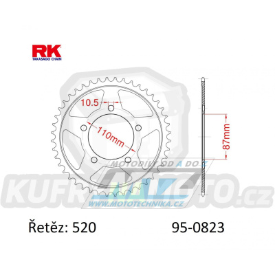 Rozeta ocelová (převodník) 0823-47zubů RK - Suzuki GS400 + GS500 + GSF250 + GSR250 + GSX250R + GW250 Inazuma + SV400 + SFV650 Gladius + SV650 L + DL250 V-Strom + GSX250R + GSX250 F Acrosse