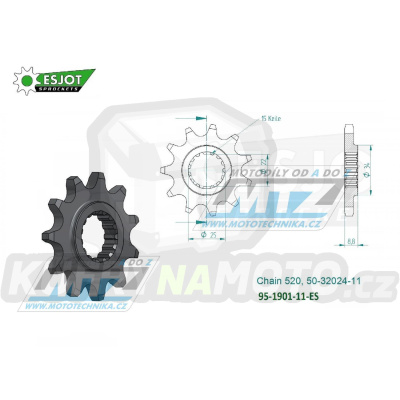 Kolečko řetězové (pastorek) 1901-11zubů ESJOT 50-32024-11 - KTM 125+150+200+250+300+360+380SX+EXC + 250+350+400+450+500+520+525+530SXF+EXCF + SMR+Freeride + Husaberg TE+FE + Husqvarna TC+TE+FC+FE + Gas-Gas MC+MCF+EC+ECF + Beta RR + Maico+Polaris