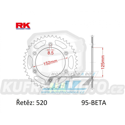 Rozeta ocelová (převodník) BETA-52zubů RK - Beta RR125+RR200+RR250+RR300 / 13-25 + RR350+RR390+RR400 + RR430+RR450+RR480+RR498 + RS390+XTrainer 300+XTrainer 250