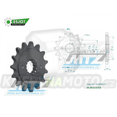 Kolečko řetězové (pastorek) 0512-15zubů ESJOT 50-32002-15 - Kawasaki BJ Estrella 250 + GPZ400 + ZX400 +  EN500 Vulcan + EN500 Vulcan 500 Ltd + GPZ500S + KLE500 +  ZR550 Zephyr + ER500 + Suzuki RG400EW + SV400 + Yamaha YZF600R