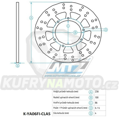 Kotouč brzdový (230/86/6D) - Yamaha DT125LC / 82-87+DT125R / 88-06+DTZ125 Tenere / 89-94+WR125 / 90-92 + YZ125+YZ250 / 86-89 + YZ360 / 89-93+WR500 / 92-93 + TT350 / 86-99 + TT600R / 84-92 + TM GS125 / 90-92