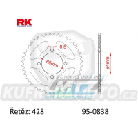 Rozeta ocelová (převodník) 0838-43zubů RK - Yamaha YBR125+YB125 + DT100+F1Z 110 + RD125+RS100+RS125DX+RSX100 + YBA125 Enticer + T105+T110+T115 Crypton R + 135 Crypton X + Suzuki DRZ50+DRZ70 + Kawasaki Z125 + SYM XS125 + Yuki 125