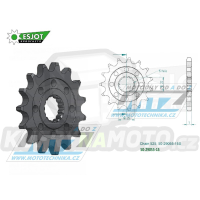 Kolečko řetězové (pastorek) 29055-15zubů ESJOT 50-29055-15S - Royal Enfield 411 Himalayan ABS / 16-22 + 650 Interceptor / 19-22 + 650 Continental / 19-22