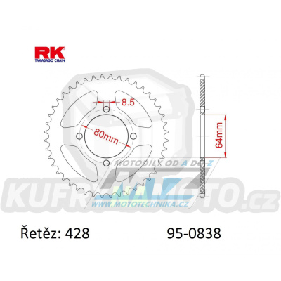 Rozeta ocelová (převodník) 0838-38zubů RK - Yamaha YBR125+YB125 + DT100+F1Z 110 + RD125+RS100+RS125DX+RSX100 + YBA125 Enticer + T105+T110+T115 Crypton R + 135 Crypton X + Suzuki DRZ50+DRZ70 + Kawasaki Z125 + SYM XS125 + Yuki 125
