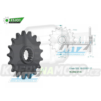 Kolečko řetězové (pastorek) 1902-17zubů ESJOT 50-32051-17 - KTM LC4 350+400+600+620+625+640 + 400+620+640 Duke + 625+660 SMC + 690 Enduro+690Duke+690SMC + 790+890 Adventure + 790+890 Duke + Husqvarna 701 Enduro+Supermoto + 701 Svartpilen+Vitpilen