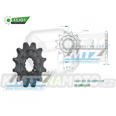 Kolečko řetězové (pastorek) 1565-12zubů ESJOT 50-32006-12S - Kawasaki KXF450+KX450 / 06-25 + KX450X + KLX450R