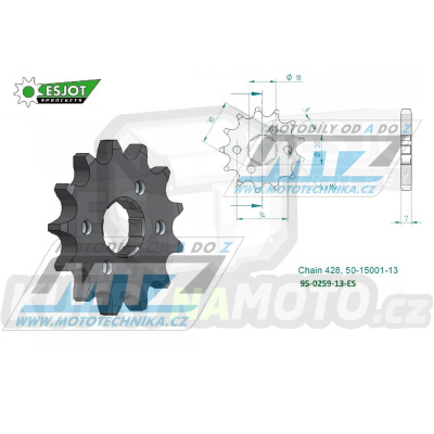 Kolečko řetězové (pastorek) 0259-13zubů ESJOT 50-15001-13 - Honda CB100+CB125+CBX125+CG125+CT125+CT200 + EZ90 Cub+XL100+XL125S+XL185S+SL100+TL125 + Daelim VC125+VJ125+VJF125R+VS125 + VL125 Daystar+VT125 Evolution + Derbi 125 + Yuki 125 + AJP PR3+PR4