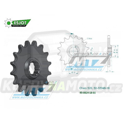 Kolečko řetězové (pastorek) 0824-16zubů ESJOT 50-32048-16 - Husqvarna TE250+TE310+TE410+TE450+TE510+TE570+TE610 + TE410E+TE610E + TC250+TC450+TC510+TC570+TC610 + SMR450+SMR510+SMR530+SMR570+SMR630 + SM610+SM630