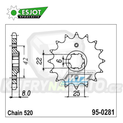 Kolečko řetězové (pastorek) 0281-15zubů ESJOT 50-32001-15 - Honda XR250R+XR500R+XR600R + XR500S + XL400R+XL500R+XL600R + XL250R+XL400S+XL500S + XL600LM+XL600RM + CB250R+CL250+MVX250